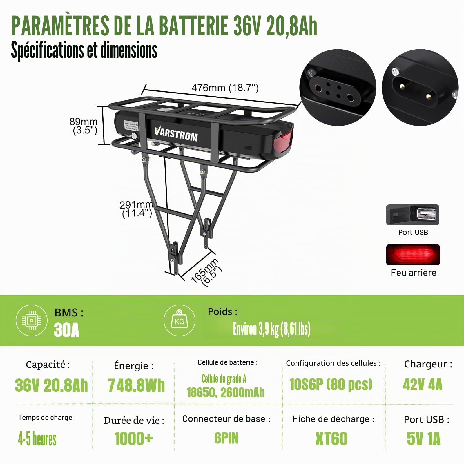36V20,8Ah Porte-Bagages Batterie, Kit Conversion Vélo Électrique