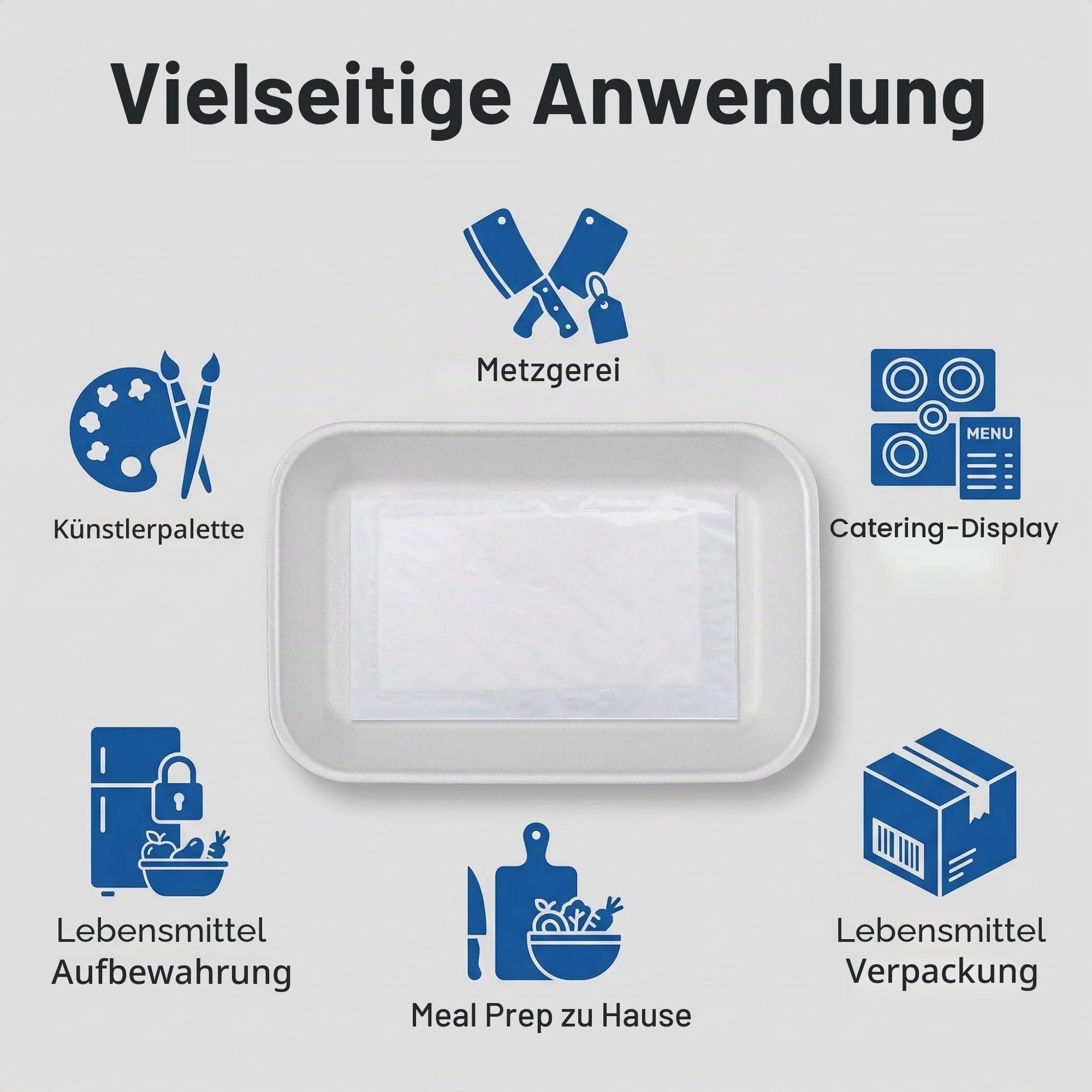 Weiße Styropor-Tabletts (25 Stück/Set - 20 x 13 x 2,3 cm) mit weißem Fleischabsorbierer-Pad, Standard Supermarkt Einweg-Lebensmitteltablett