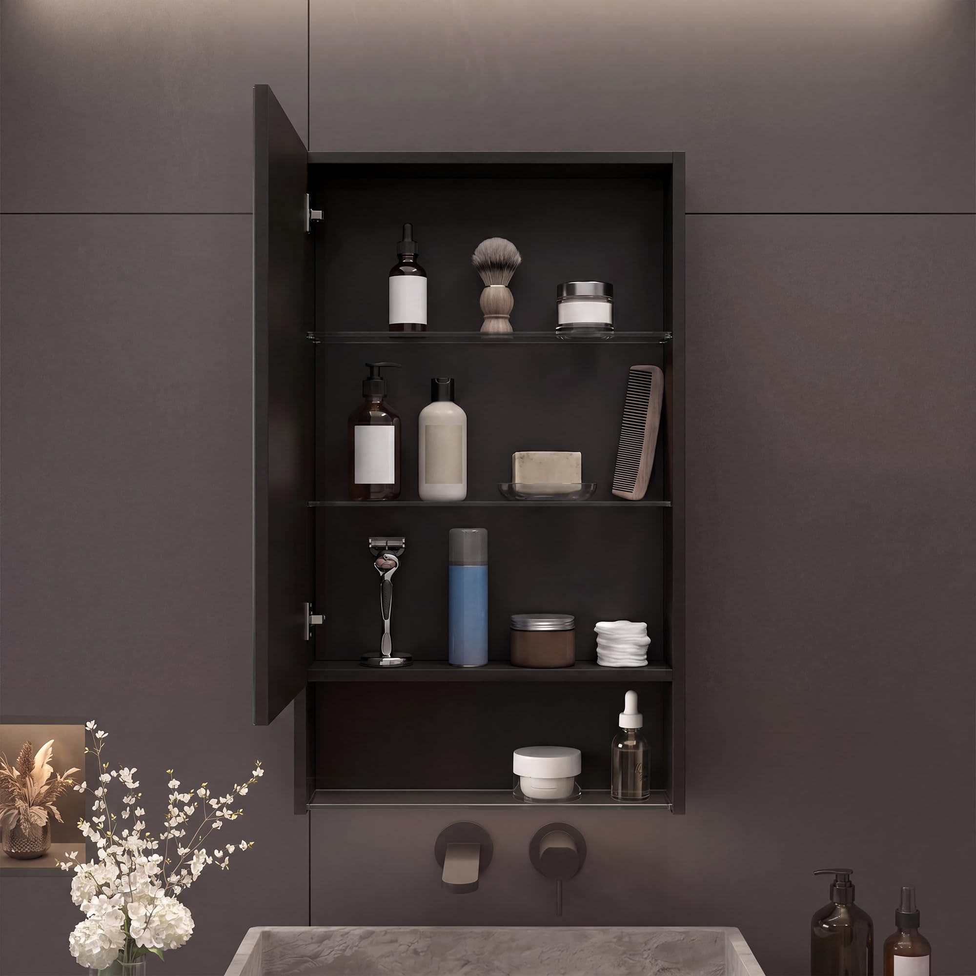 Armario de baño con espejo e iluminación LED, mueble de pared de almacenamiento para cuarto de baño, con puerta, estante ajustable, negro, 50 x 88 x 15 cm