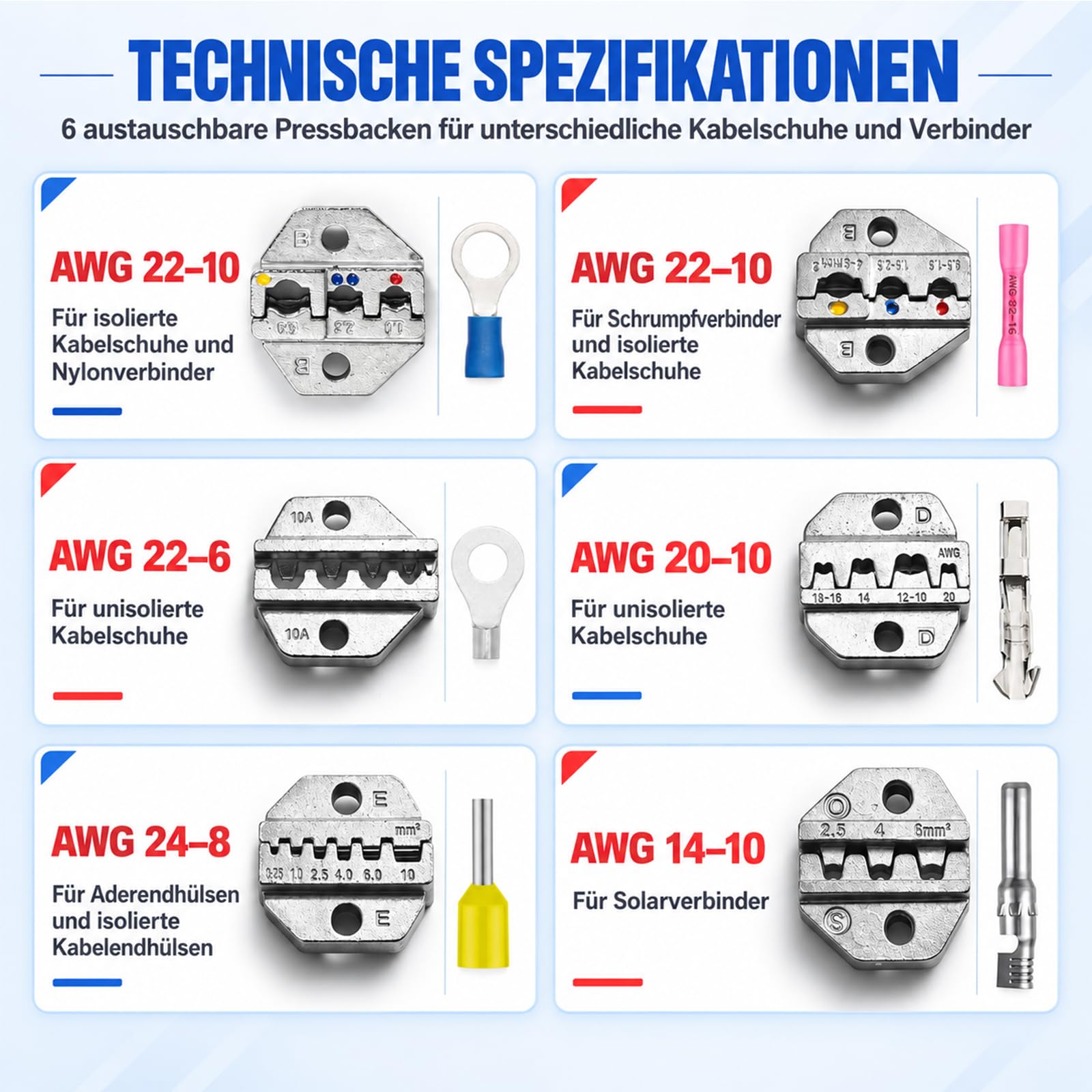 Crimpzange Set 6-teilig, Ratschen-Crimpzange mit 6 Wechselbacken