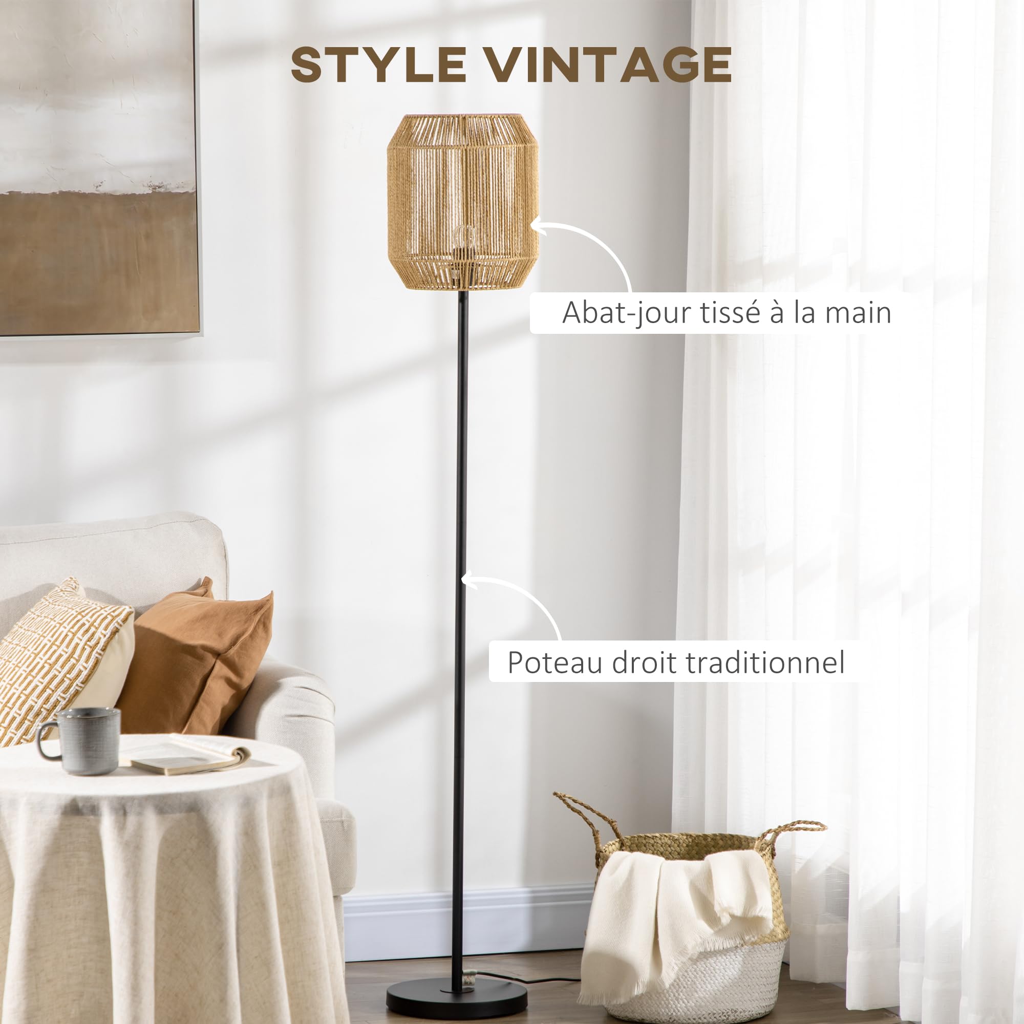 HOMCOM Lampadaire sur Pied Vintage en Métal Design Naturel Ø 26 x 164H cm