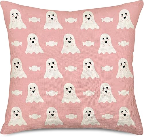 Fukeen Funda de almohada de Halloween de 18 x 18 pulgadas, fantasma rosa, decoración de Halloween, decoración de vacaciones, casa de campo, disponible en Yaxa Costa Rica