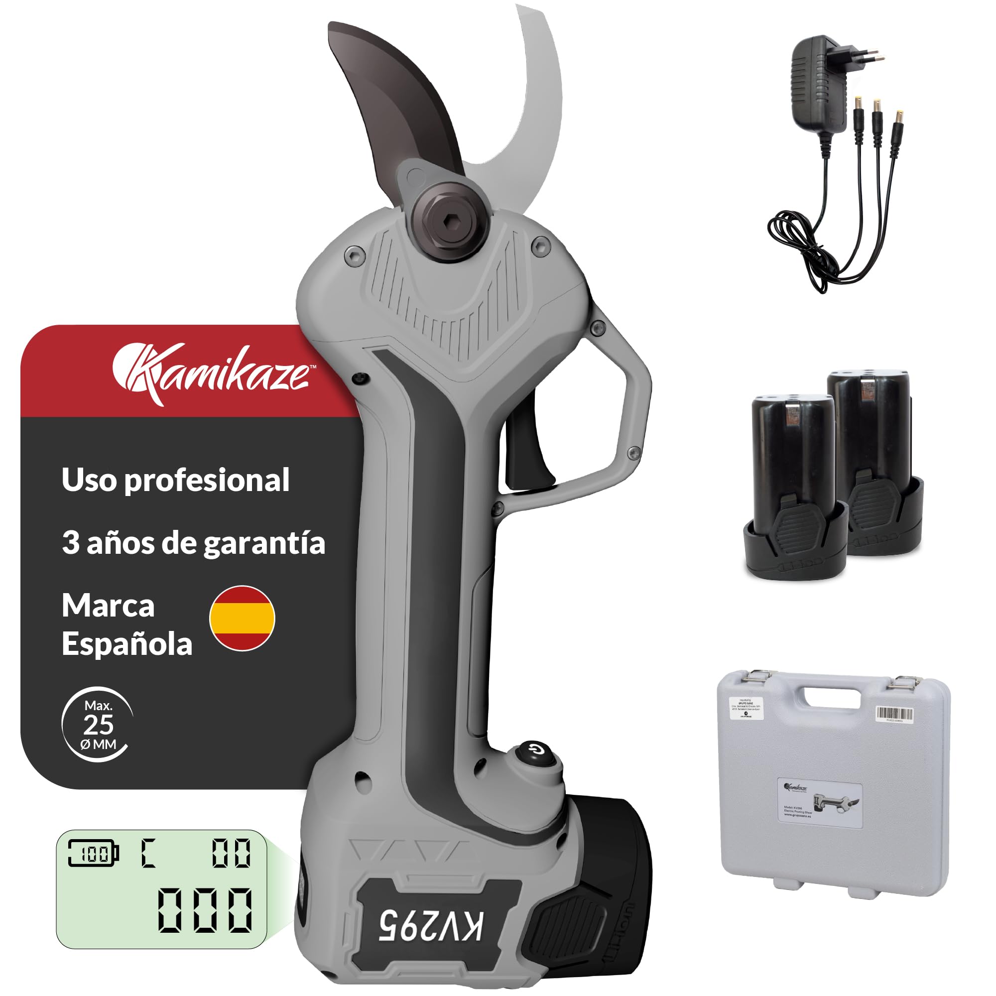 KAMIKAZE KV295 Tijera de Poda Eléctrica Profesional para Viña y Árboles Frutales, Corte 25 mm, 14,4V, 2,5Ah, Autonomía 6 Horas
