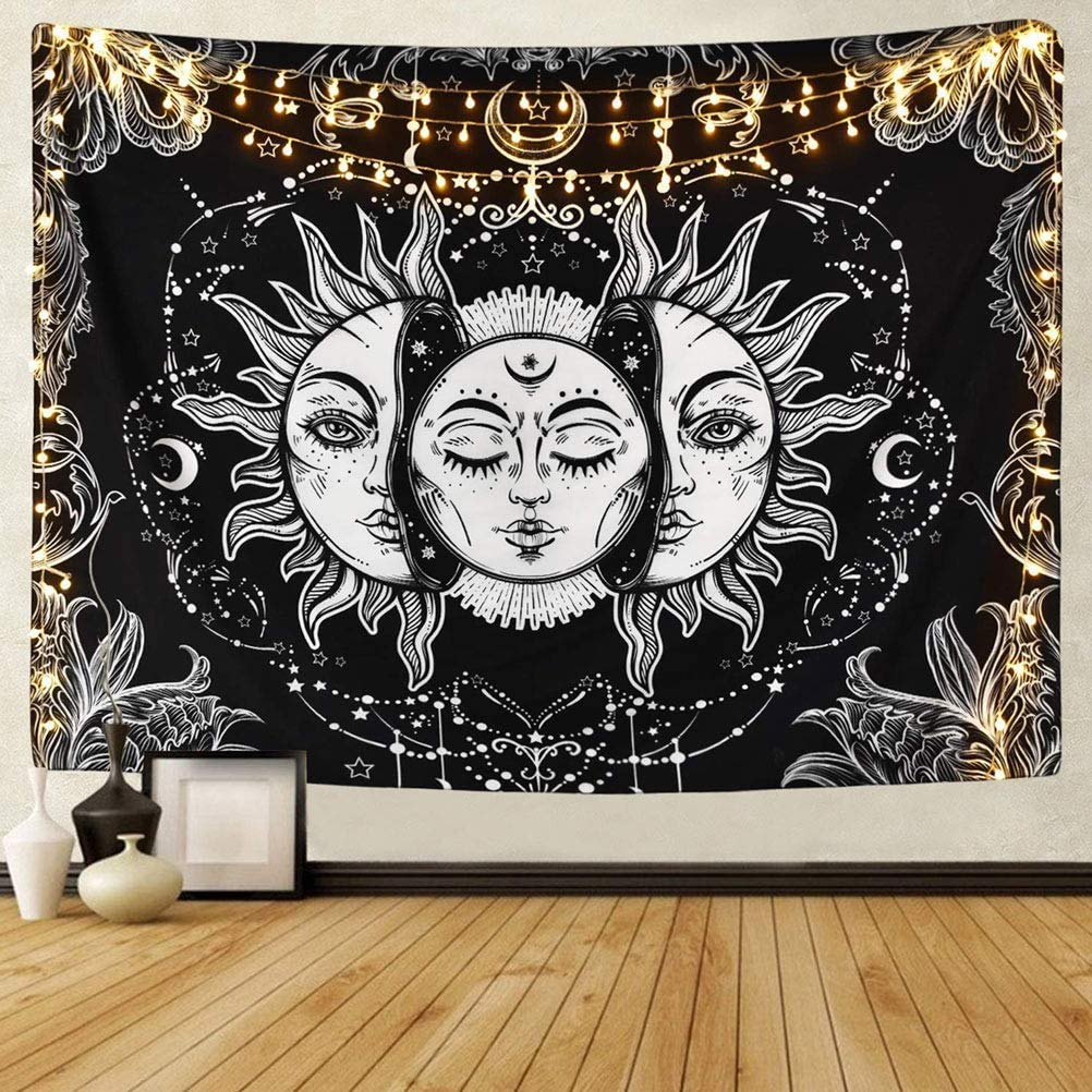 YANSHON 200 x 150cm Tarot Tapestry Wall Hanging Sun Moon Star Tapestry Psychedelic Wall Tapestry Black and White Mystic Mandala Tapestry for Bedroom, Dorm Room, Living Room Decoration (79'' x 59'')