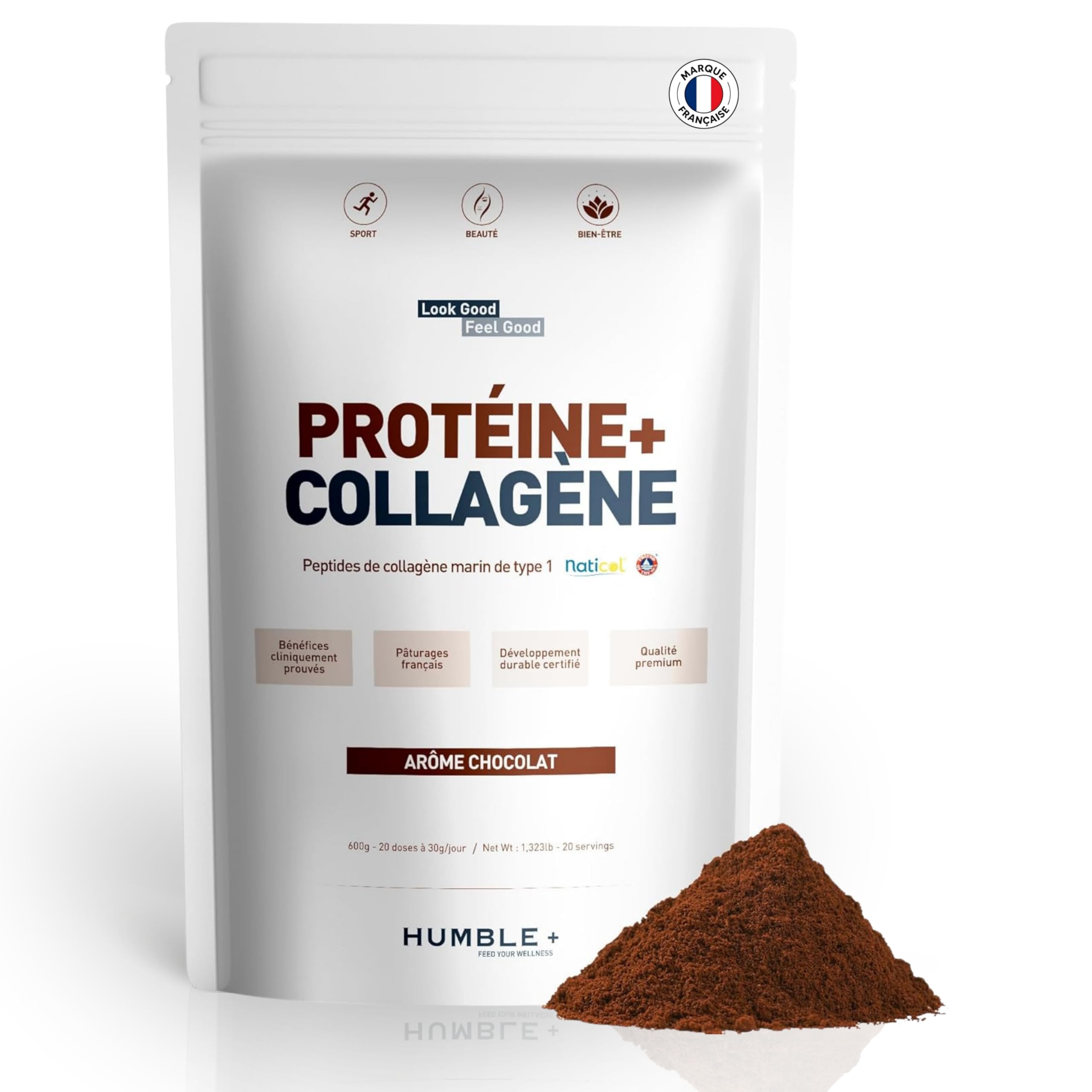 Protéine + Collagène marin Naticol® en poudre, paquet de 600 g - Saveur chocolat - Confort articulaire et récupération musculaire - 20 portions à 30g/jourP