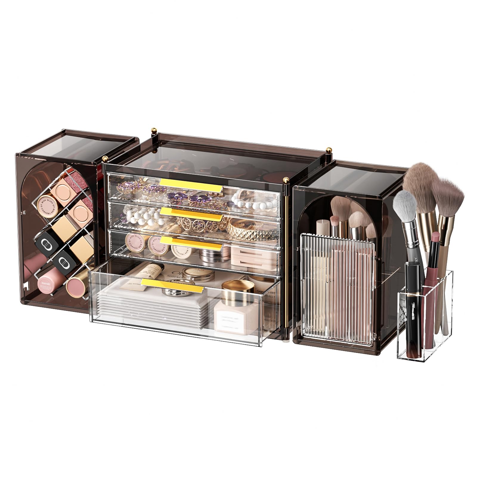 nohozi 4-Tier Drawer Makeup Organizer, 3-in-1 Detachable Cosmetic Storage | Multi-functional cosmetic organizer with lipstick slot, brush rack and removable mini tray.