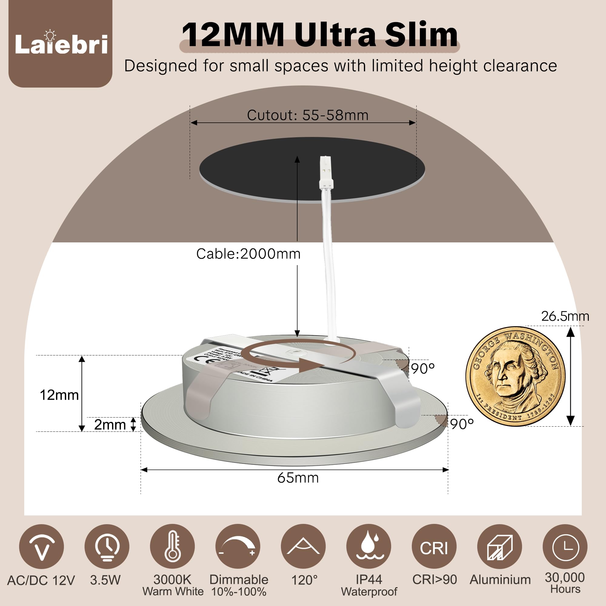 Lot de 3 Spot LED Encastrable 12V, 3000K Blanc Chaud 3.5W 330LM Alu Spots de Plafond Intensité Variable, LED Encastrable Plafond Trou 55-58mm, IP44 Plafonnier Spot pour Camper Meuble, Nickel