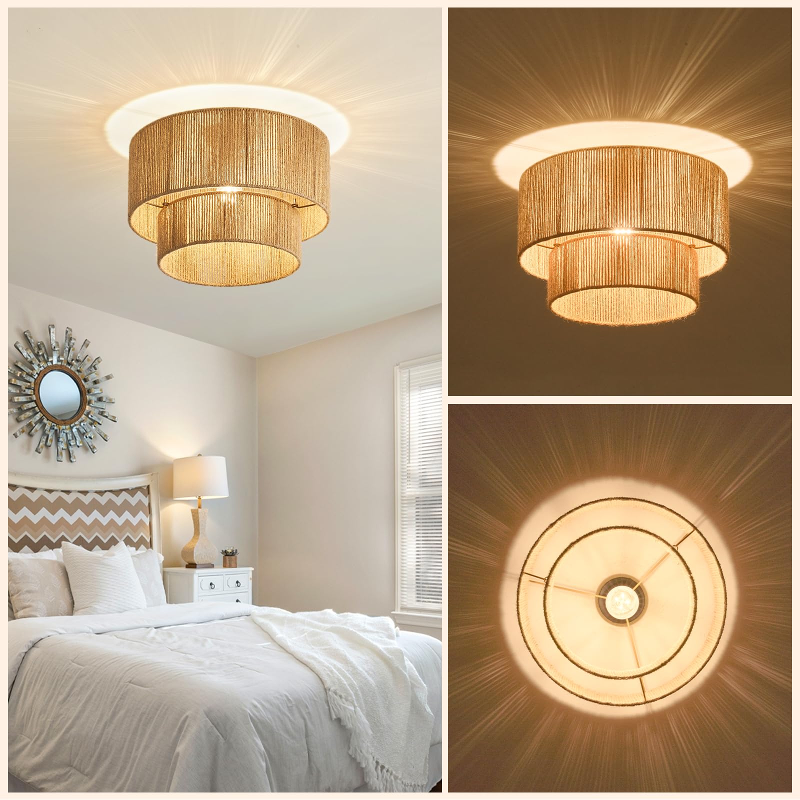 NUODIFAN Boho Deckenlampe aus Juteschnur 40 cm rustikale Jute-Leuchte für Schlafzimmer, Wohnzimmer, Küche, E27 Fassung