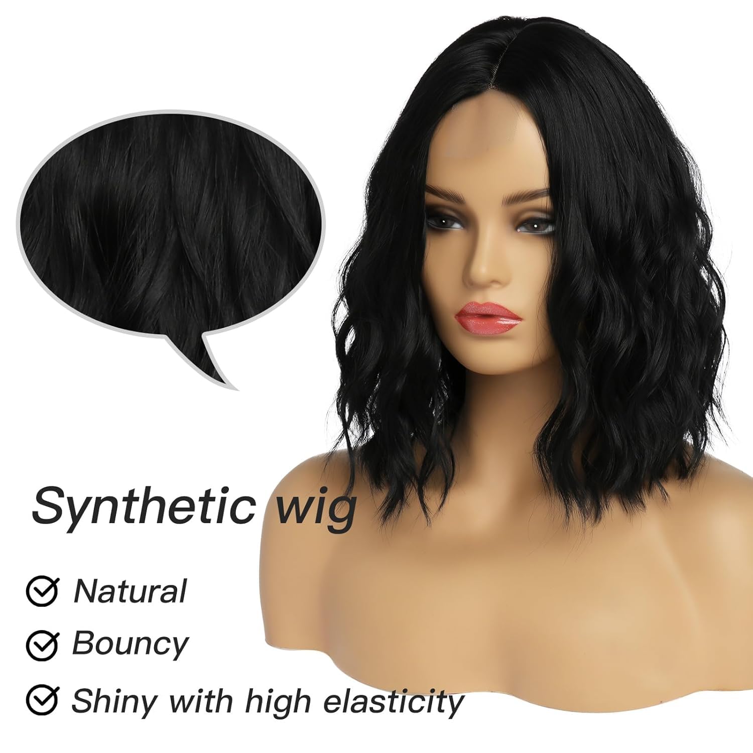 Simkaylee Short Black Wavy Wig for Women Shoulder Length Middle Part Curly Wave Bob Wig Natural Looking Synthetic Heat Resistant Fiber Wigs for Daily Party Use (14 Inch) - Image 3