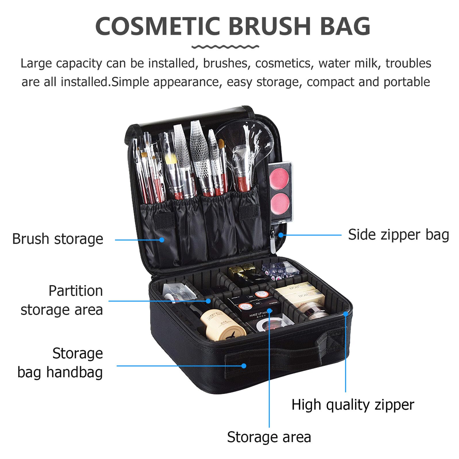 Gatuida Neceser de Viaje Portátil Multiusos para Cosméticos, Bolsa de Maquillaje Negra, Tamaño Mediano, Resistente al Agua, Asa, Organizador para Mujer y Hombre, Adecuado para Viajes