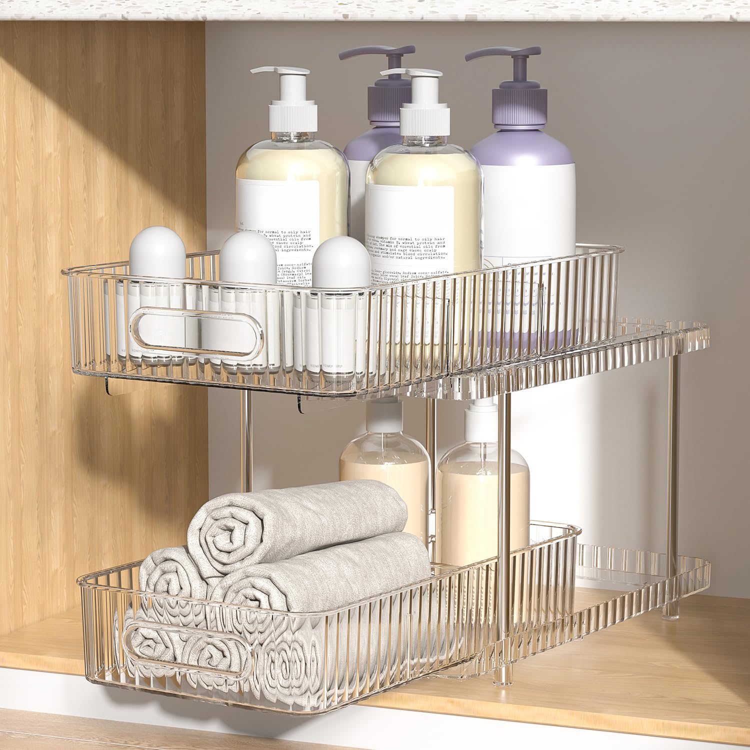 Fowooyeen Bathroom Cabinet Organizer, 2 Tier Pull Out Clear Under Sink Organizers and Storage, Multi-Purpose Kitchen Pantry Medicine Organization and Storage Shelves Bins with Movable Dividers