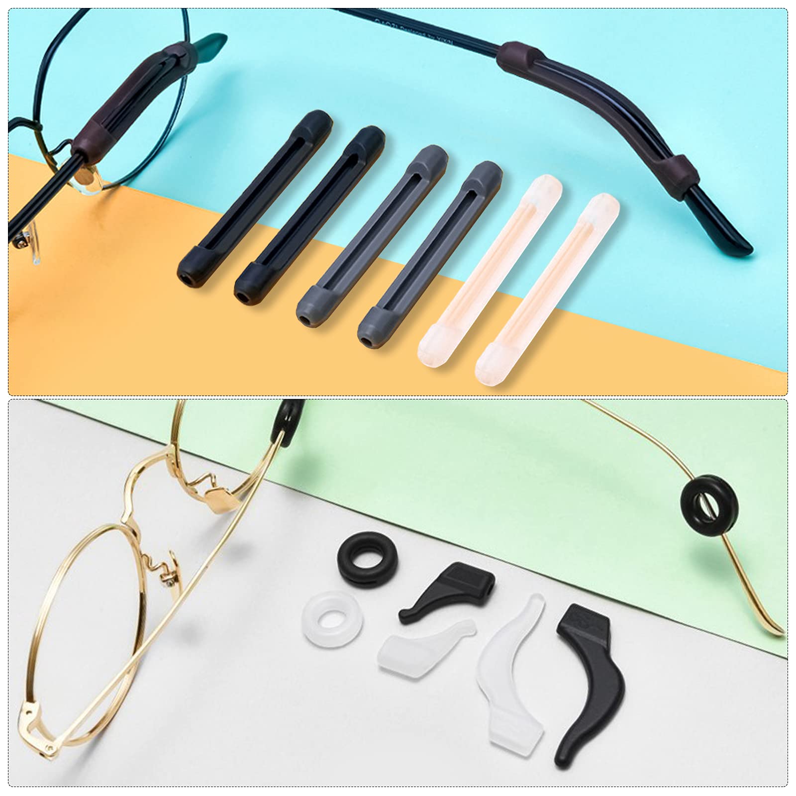 VEGCOO 26 pares de gafas antideslizantes de silicona con gancho para las orejas, almohadillas adhesivas para la nariz, lentes para la nariz, puntas de las sienes, retenedor de manga, soportes para
