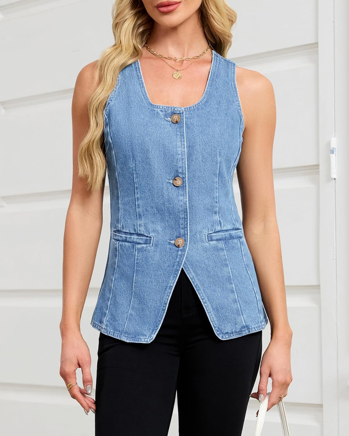 Kedera Denim Vest for Women Button Down Long Jean Waistcoat Casual Scoop Neck Sleeveless Denim Jackets Slim Fit Jean Top - Image 3