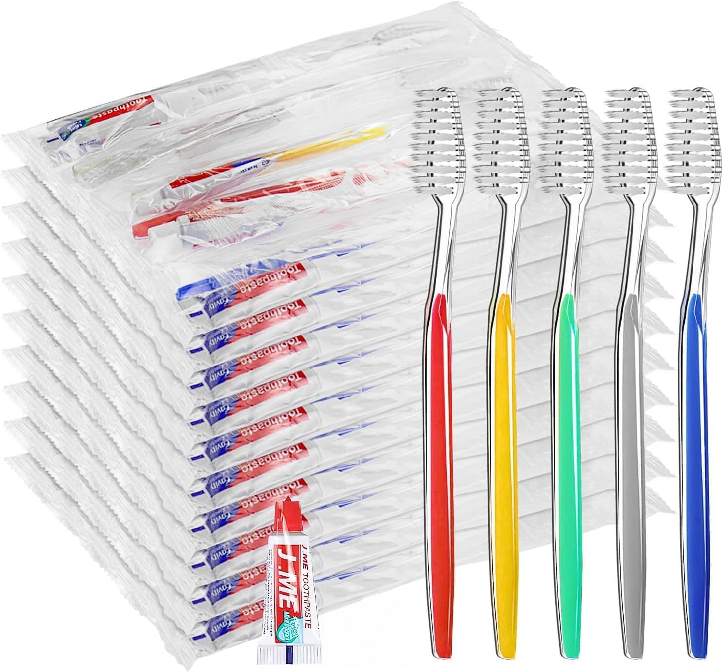 Confezione da 250 spazzolini usa e getta con dentifricio, da viaggio, con setole morbide, confezionati singolarmente per hotel, ospiti, viaggi, casa, 5 colori (250)