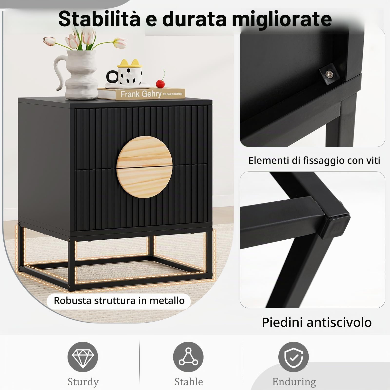 KOMFOTTEU Comodino con 2 Cassetti, Maniglie in Legno di Pino e Struttura in Metallo, Tavolino Lato Moderno per Camera da Letto, Soggiorno, 48 x 40 x 55 cm (L x P x A)