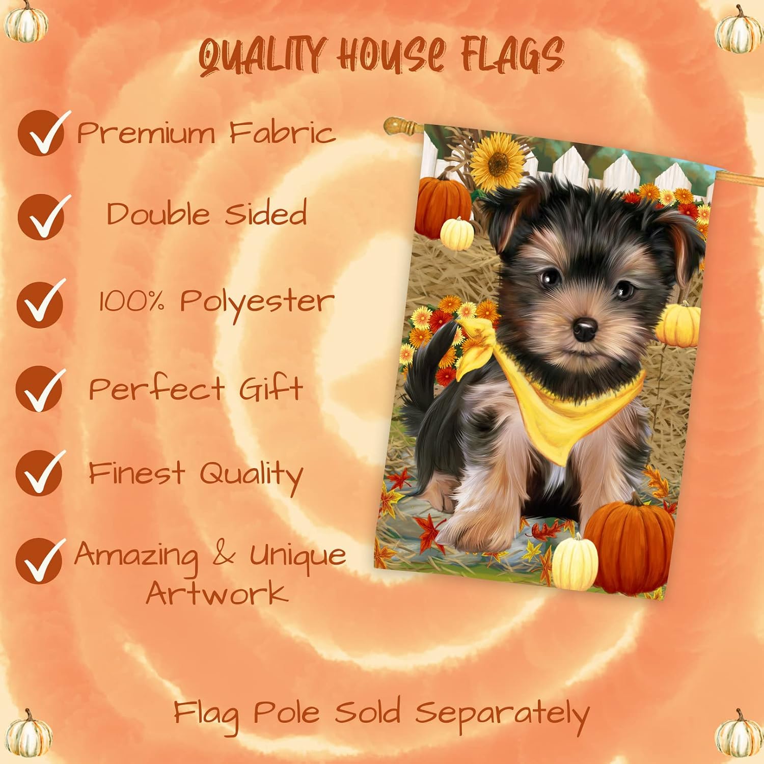 Fall Autumn Greeting Yorkshire Terrier Dog House Flag - Outdoor Double Sided Pet Portrait Weather Resistant Premium Quality Home Decorative Flags - 100% Polyester 29"w x 43"h, HFLG50366