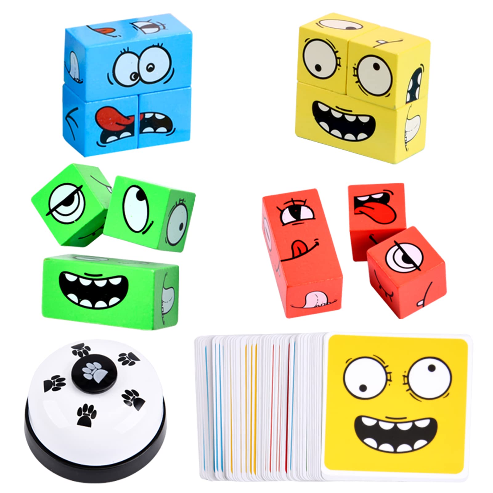 Puzzle Building Cubes Game with Bell, Wooden Face Changing Magic Cube Expression Puzzle Game, Pattern Matching Block Fun & Fast Toy Educational Toys for Kids and Adults
