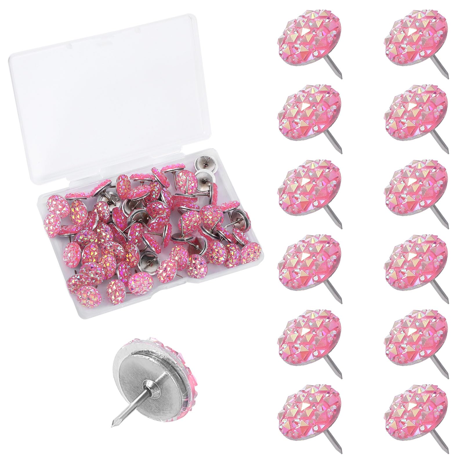 60PCS Cute Diamond Pins, Decorative Clear Push Pins for Bulletin Board, Glitter Rhinestone Small Stick Pushpins Clear Thumb Maps Tacks for Walls Hanging Cork Board Office Travel Maps(Pink)