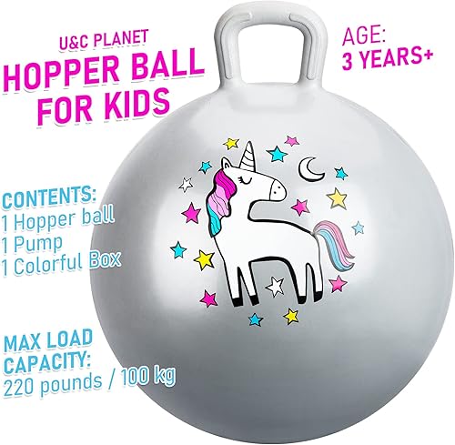 Miniatura 2 de U&C Planet Bola de salto con asa para niños de 3 a 6 años, para sentarse y rebotar de 18 pulgadas con bomba