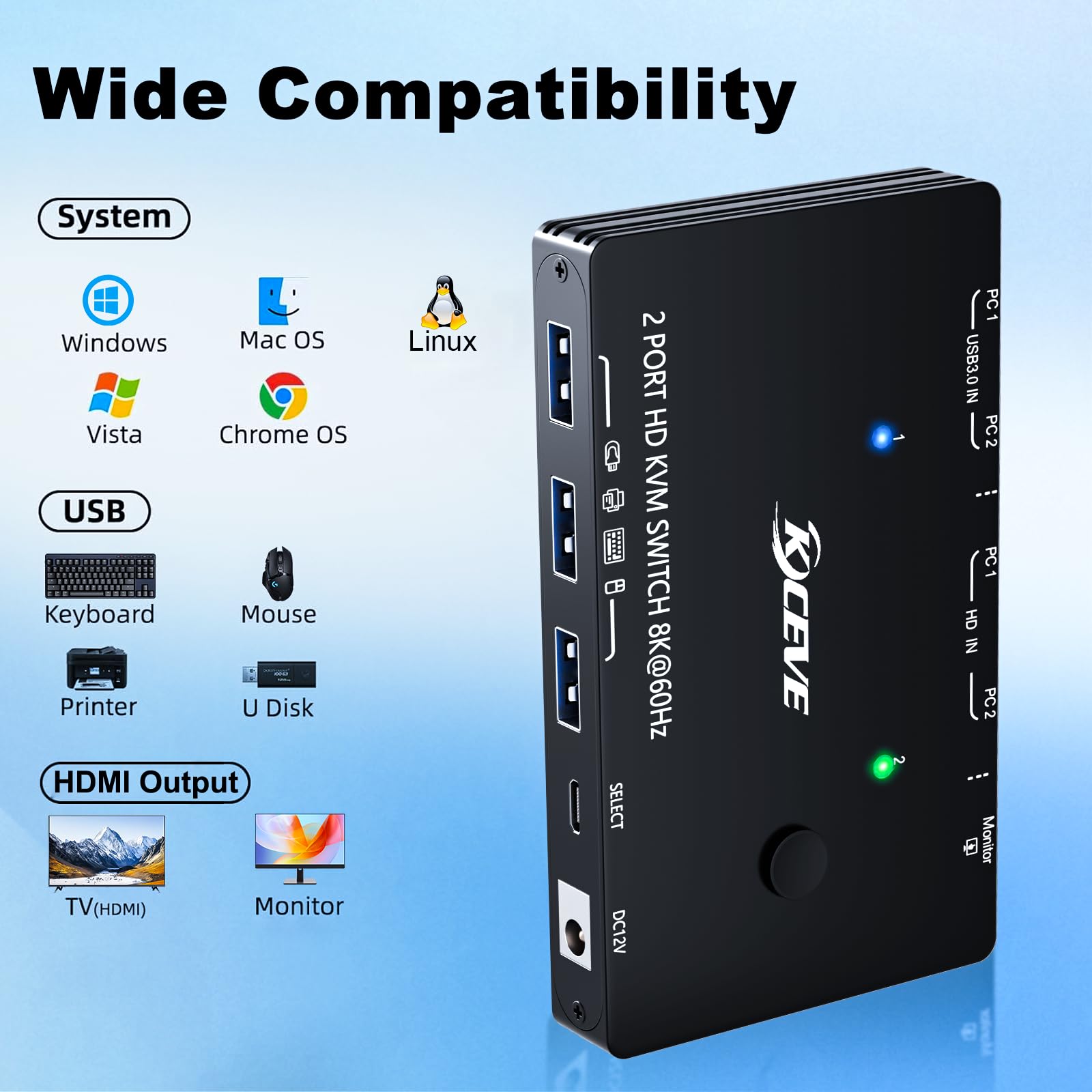 Commutateur KVM HDMI 2 PC 1 moniteurs 8K@60Hz 4K@120Hz, ESKEVE USB3.0 Switch KVM pour 2 PC partageant 1 moniteur et 3 périphériques USB 3.0, avec câble USB, adaptateur secteur et télécommande par