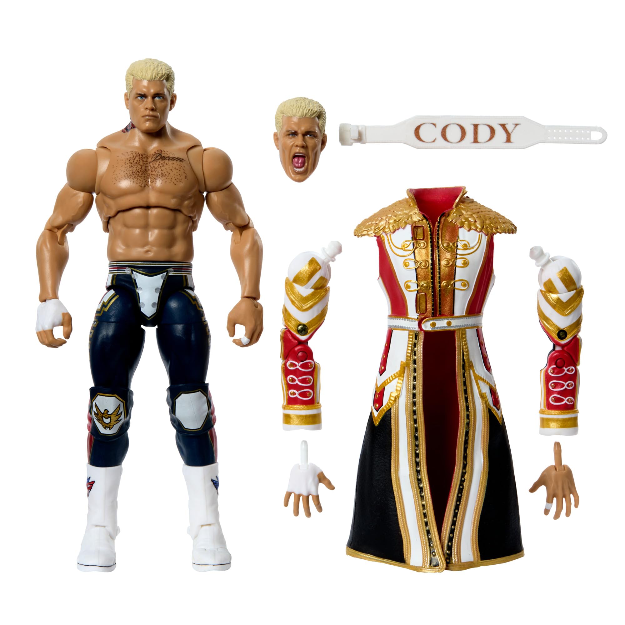 WWE Ultimate Edition Action Figure & Accessories, 6-inch Cody Rhodes Collectible Set, Swappable Heads & Hands, Entrance Gear & 30 Articulation Points, HVF89