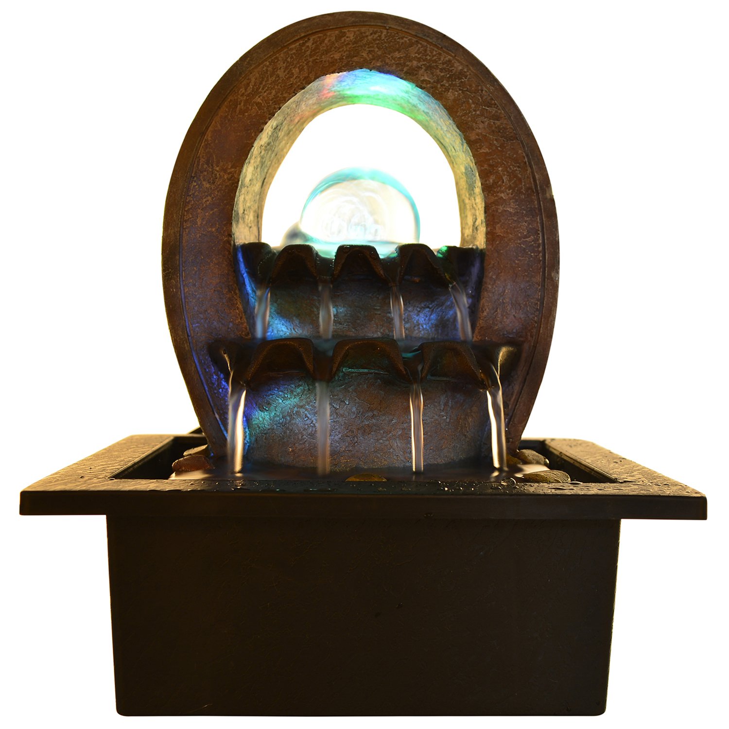 INDIANA CRAFT Polyresin Brown Designer Oval Table Top Indoor 2 Steps Waterfall Fountain with Yellow LED Lights, Water Flow Controller Pump and Crystal Ball (Size: 25 x 21 x 18.5CM | Weight: 1180grm)