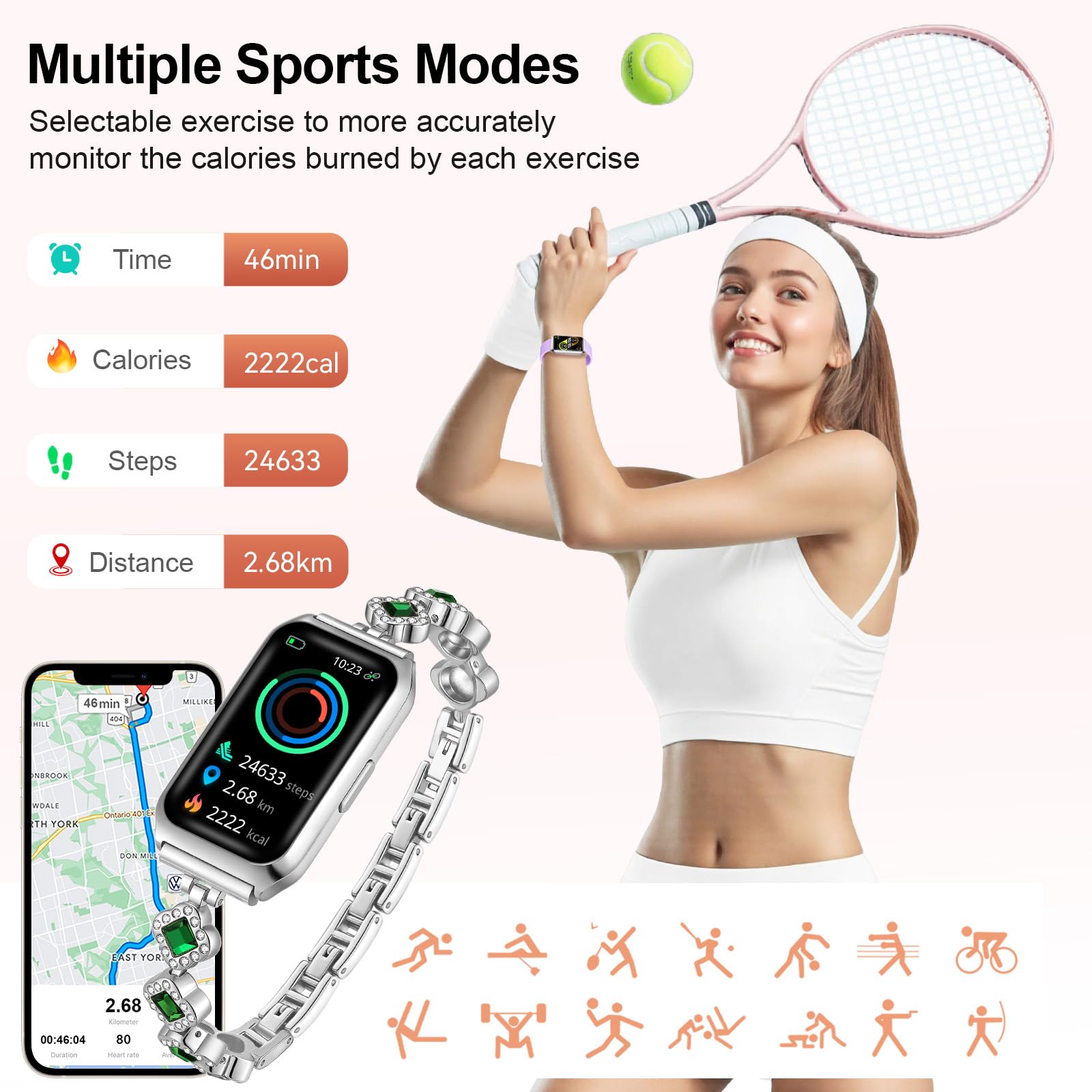 Smartwatch Damen 1.47" HD-Display Fitnessuhr Herzfrequenz SpO2 Schlaf IP68 Wasserfest Sportmodi Smart Watch iOS Android