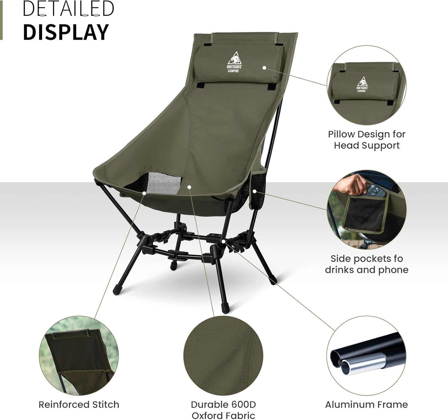 ONETIGRIS Dragonhide Oversized Camping Chair with Pillow Design, Comfortable Widened Seat Folding, 275 lbs Capacity