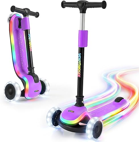 Kids Kick Scooter with LED Light-Up Wheels & Deck, 3-Wheel Folding Scooter for Ages 3-10, Adjustable Height, Extra Wide Anti-Slip Deck for Boys Girls