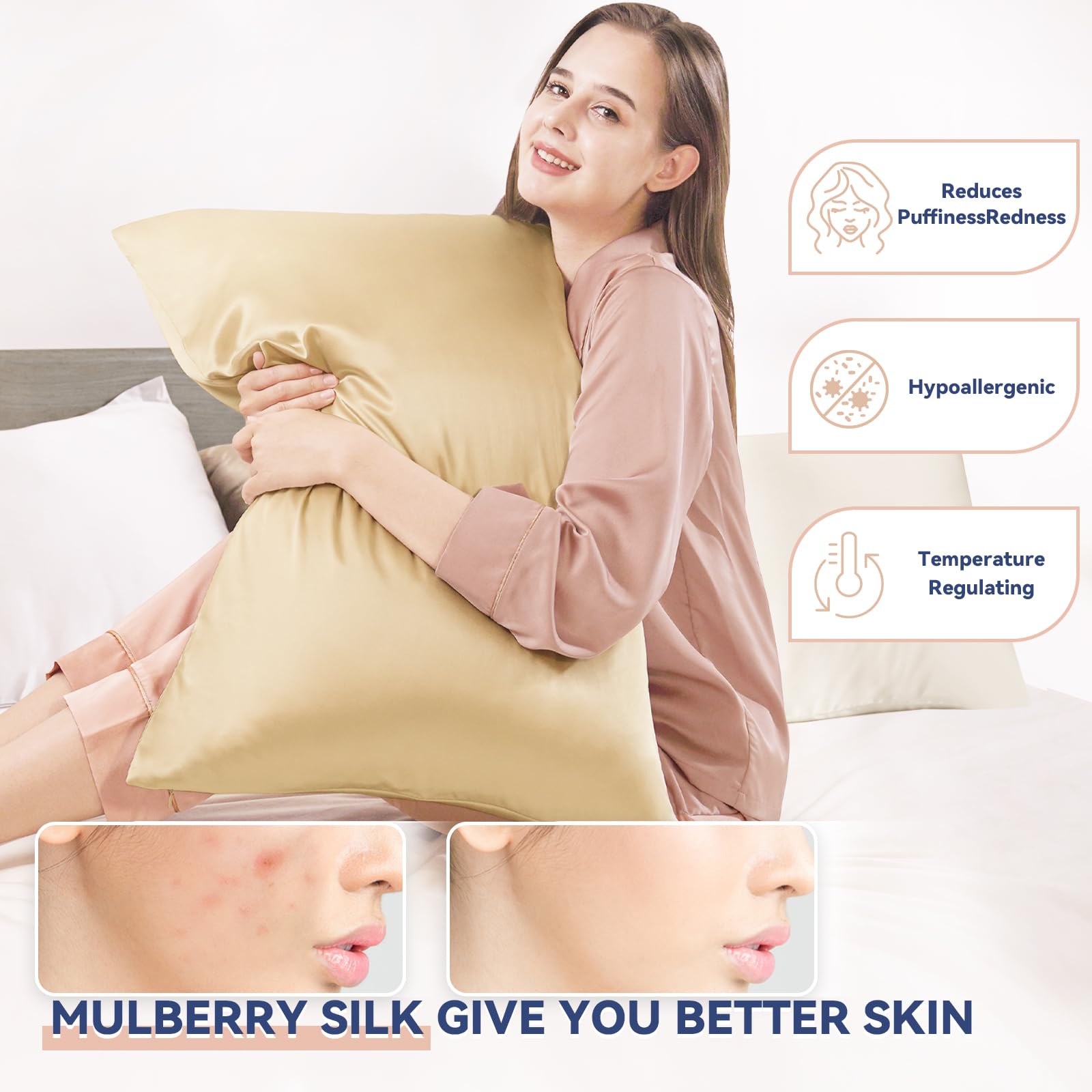 Jaciu Federa 100% seta, per capelli e pelle, federa in seta di gelso su entrambi i lati 21 Momme 600 fili morbidi e traspiranti （Champagne, 51x76cm, 1 pezzo）