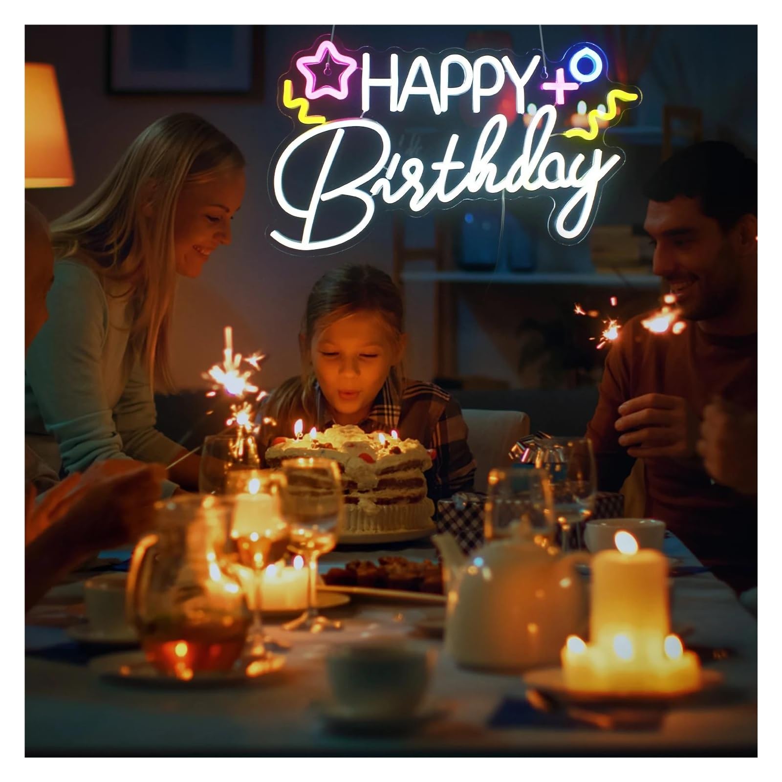 Decoración Lámparas Happy Birthday Letrero De Neón Lámpara De Pared Con Letreros De Letras Artísticas Regulables Alimentada Por USB, Para Tienda Decoración De Pared 25cm×43cm