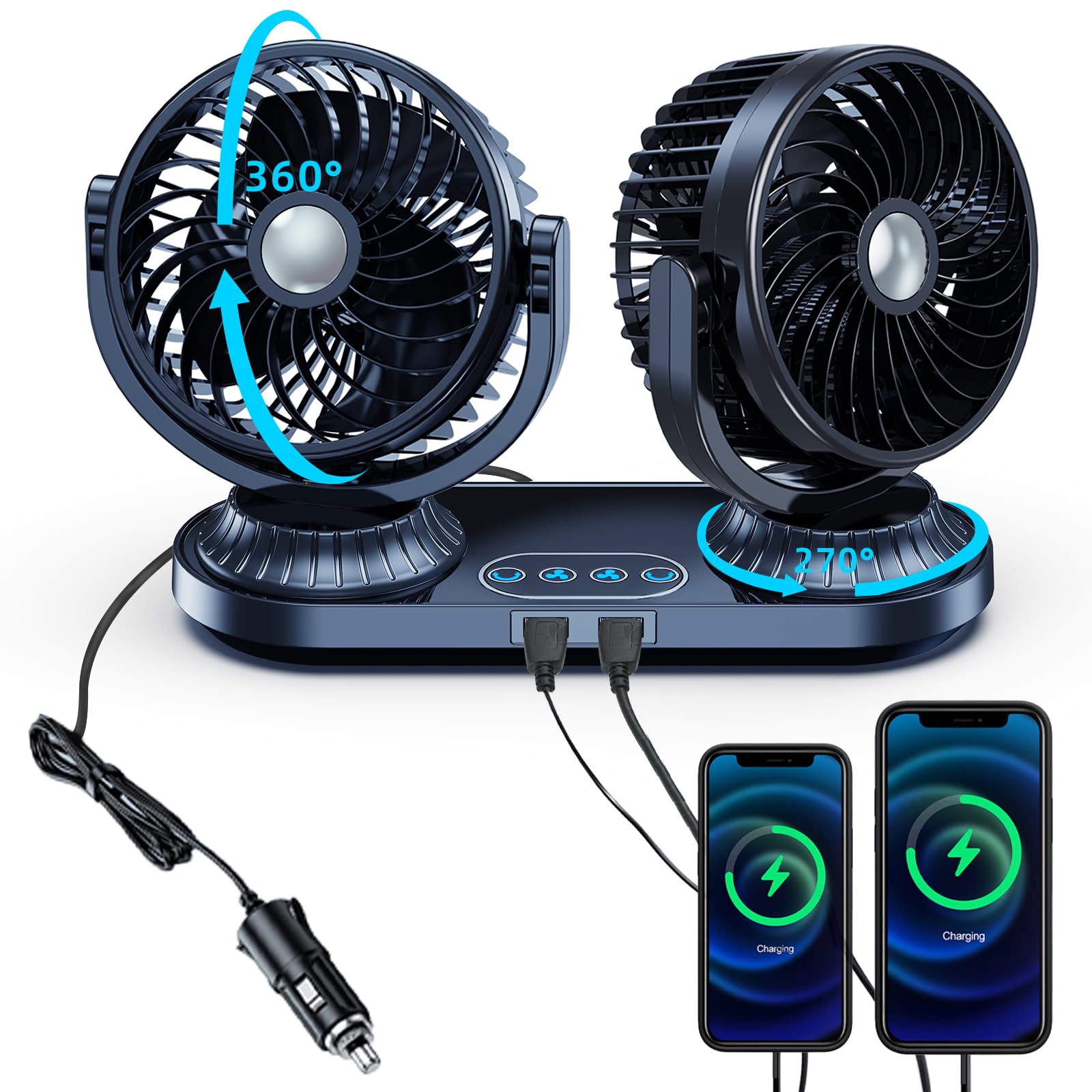 Amazon.com: NIFBANG Dual Head Car Fan 12v 24 Volt Universal,270°  Oscillating Cigarette Lighter Powered Cooling Fan for Vehicles [with 2 USB  Charging Ports],360°Rotation Car Fans That Blow Cold Air for Trucks SUV :