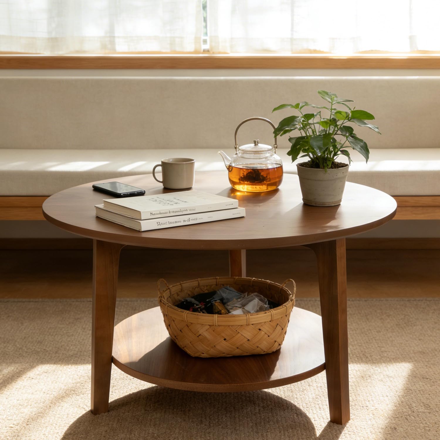 2-tier round coffee table wood nesting side table (walnut coffee table, 28x28x18)