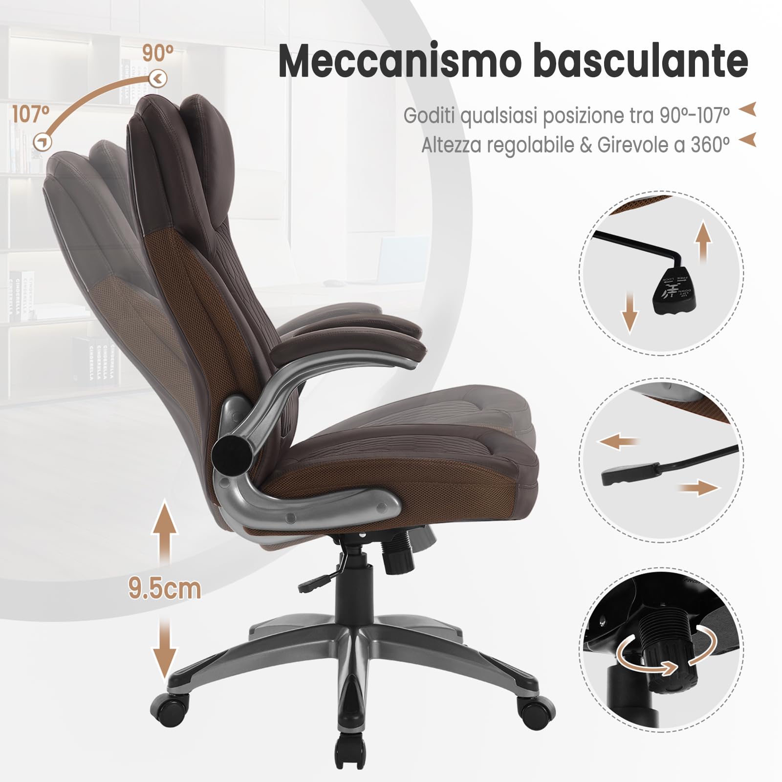 WOLTU Sedia Ergonomica da Ufficio, Poltrona Direzionale, PU, Marrone | con Supporto Lombare, con Funzione Basculante e Braccioli Regolabili, Altezza Regolabile