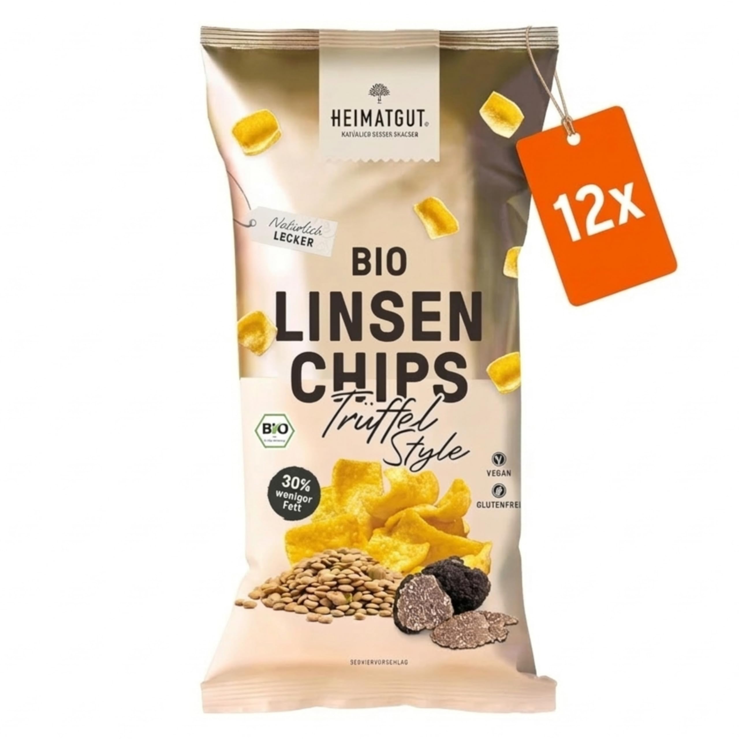 HEIMATGUT® Bio Vegane Linsen Chips Trüffel-Style | Ofengebackene Chips aus roten Linsen | Trüffel-Aroma | 30% weniger Fett | Proteinreich & glutenfrei | Ohne Zucker, Aromen & Zusatzstoffe | 12 × 75 g