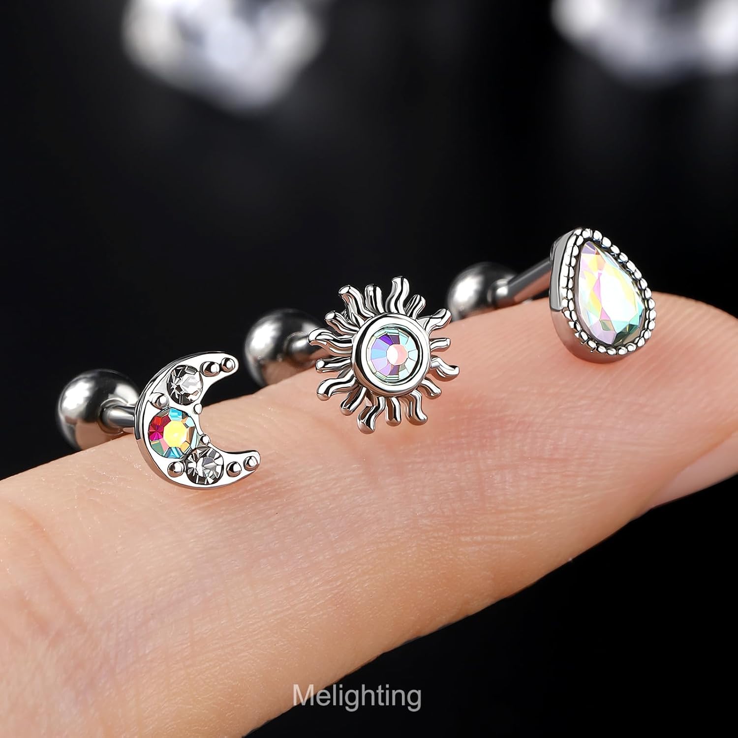 Melighting 3pcs Helix Earrings 16G, Moon Cartilage Earrings Stainless Steel 316L, Sun Tragus Piercing Jewelry, Teradrop Earrings Stud for Women - Image 2