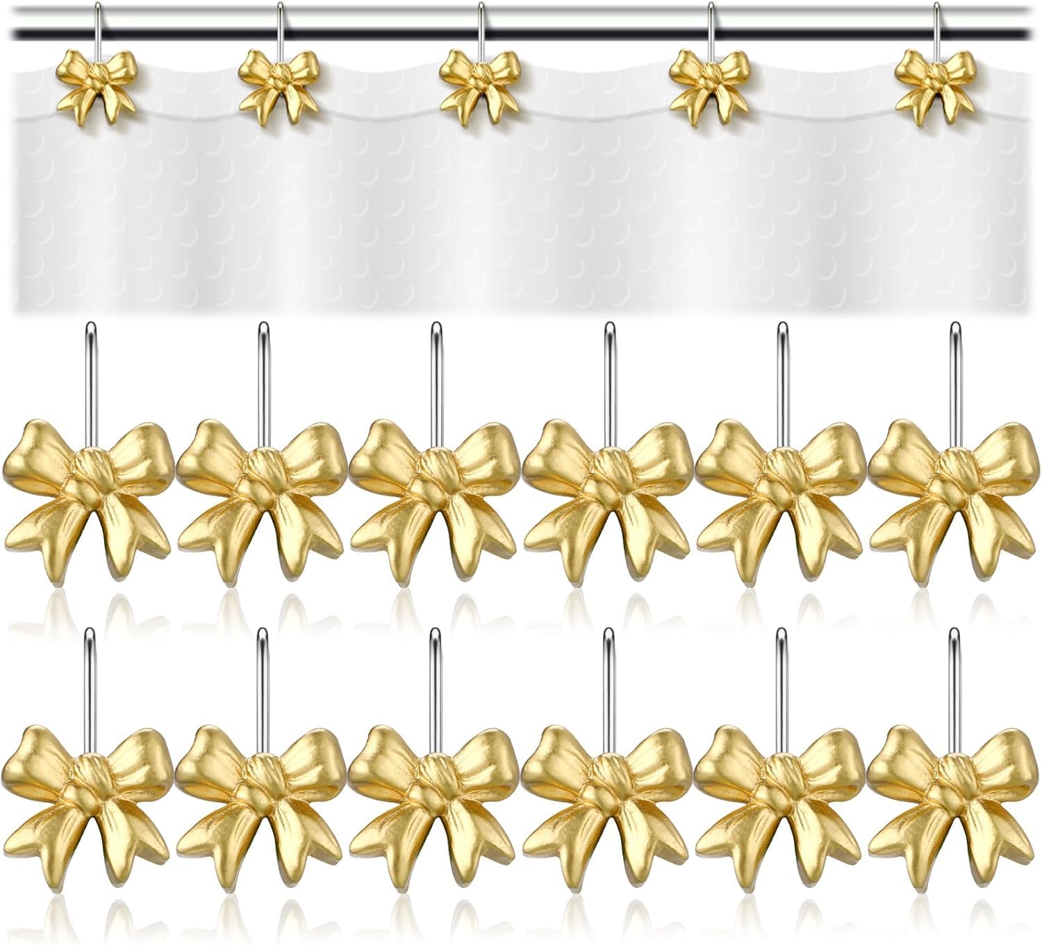 12 Pcs Christmas Gold Bow Shower Curtain Hooks, Rustproof Metal Decorative Hangers with Smooth Glide Rings for Bathroom Bedroom Holiday Decor