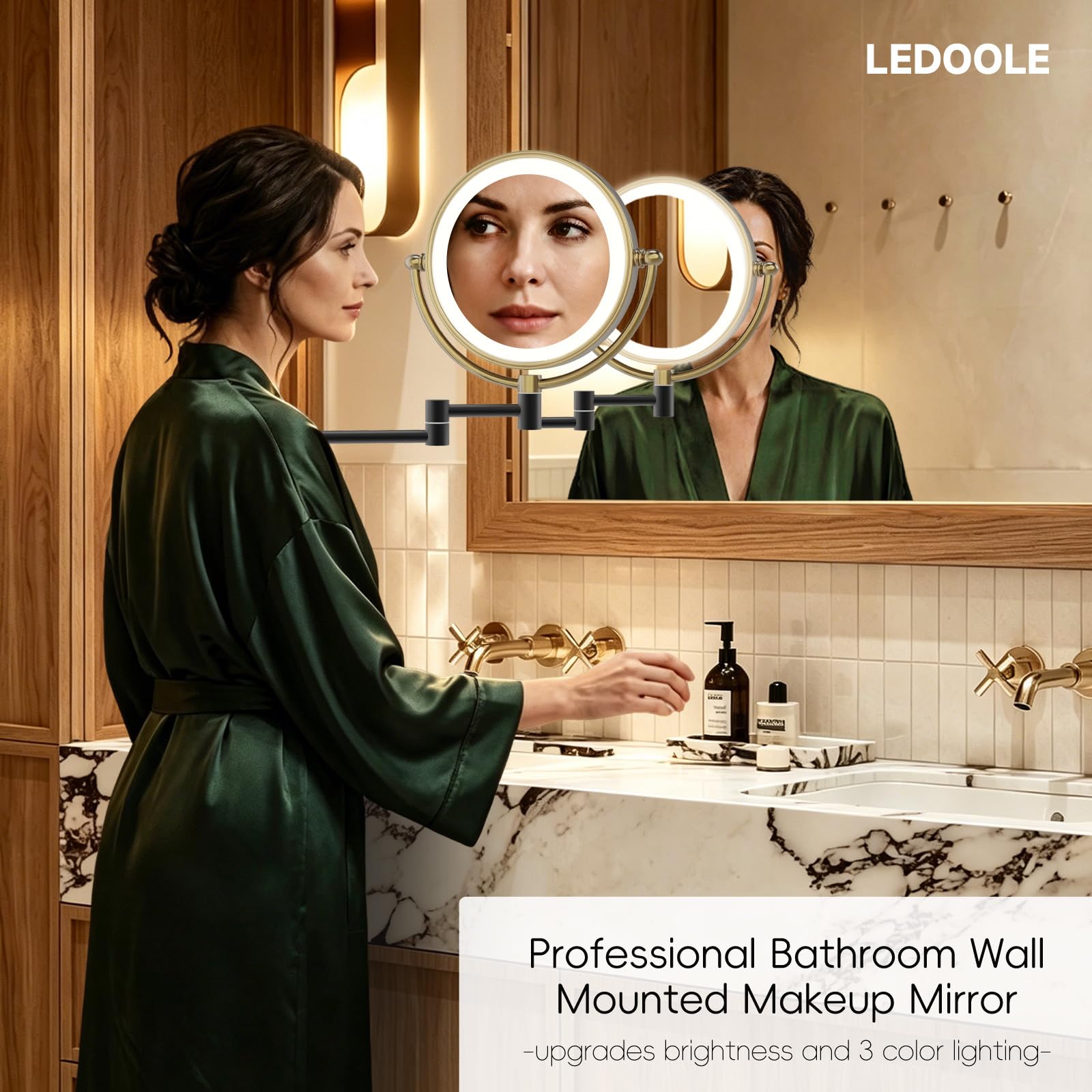 Espejo de pared recargable con luz para maquillaje, espejo de aumento de baño de 10 aumentos, brazo extendido, rotación de 360 grados, LED de 3 colores, regulable al tacto, negro mate con