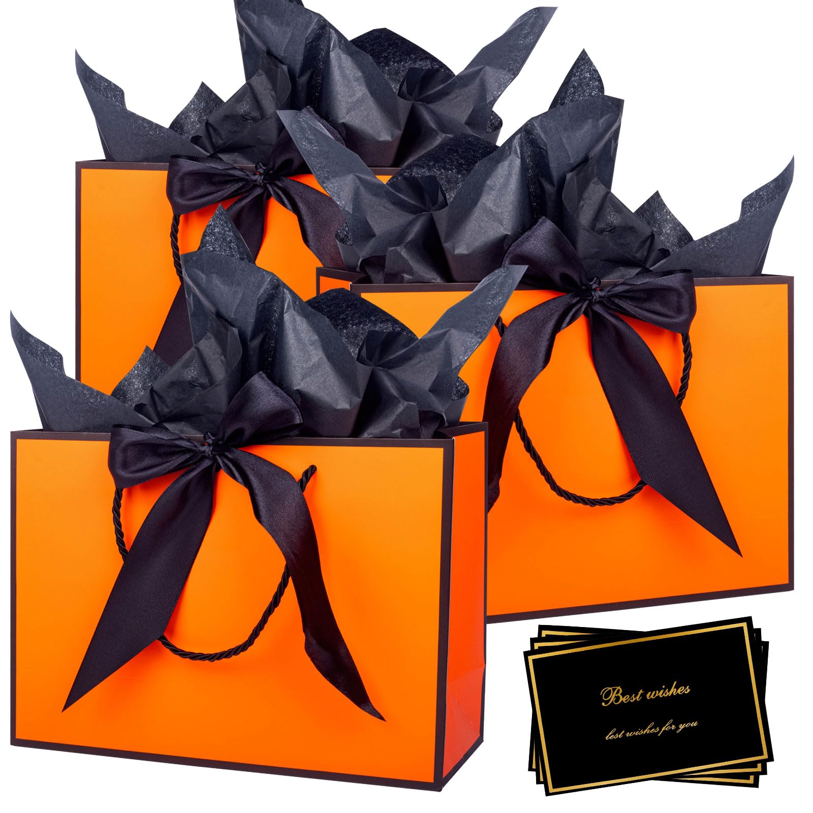 Medium Orange Gift Bag, 3pcs Present Bags 20 x 10 x 28 cm with Handle 6 Tissue Papers and 3 Cards, Bow Ribbon Birthday Party Bags for Weddings, Birthdays, Parties, Valentine's Day and Christmas