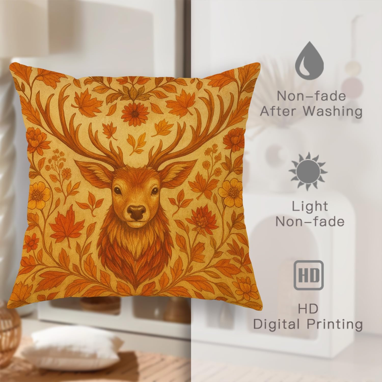 Floral and Fall Leaves Autumn Deer Throw Pillow Cover Set of 2, Decorative Cushion Covers for Home Sofa Bed Couch Decor, Orange, 24x24 Inch