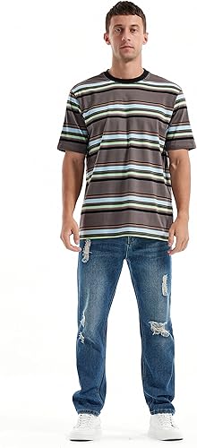 Miniatura 5 de KLIEGOU Camiseta a rayas con cuello redondo y ajuste holgado para hombre