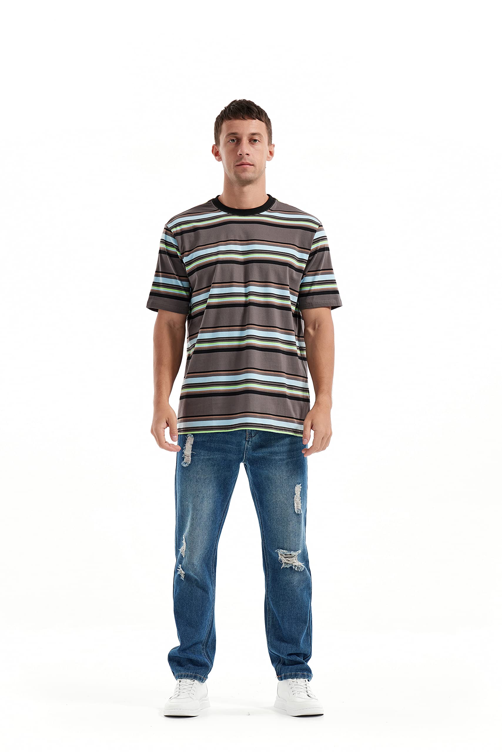 KLIEGOU Camiseta de moda para hombre, ajuste holgado, cuello redondo, a rayas