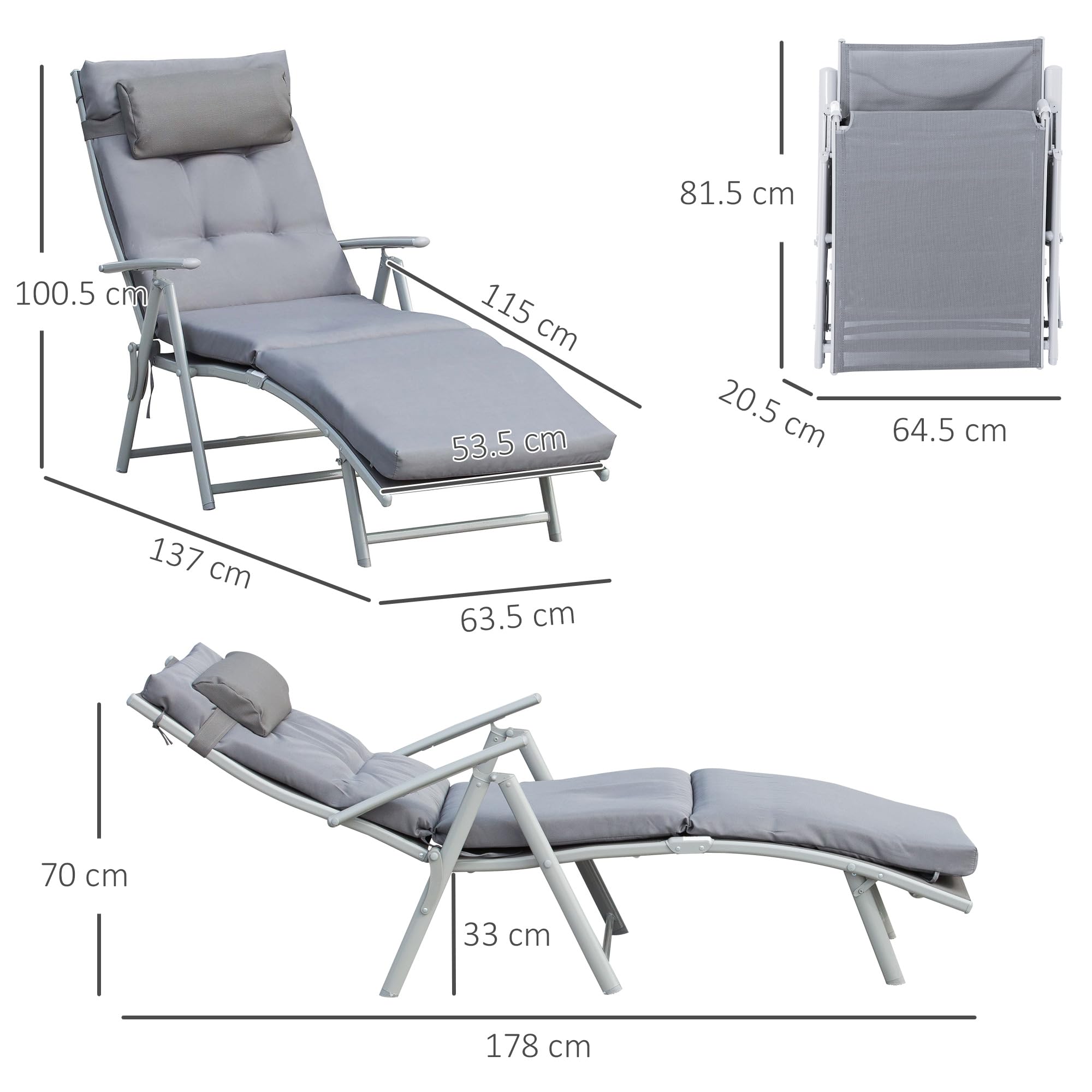 Outsunny Sdraio da Giardino Pieghevole 137x63.5x100.5cm Grigio con Materassino e Cuscino
