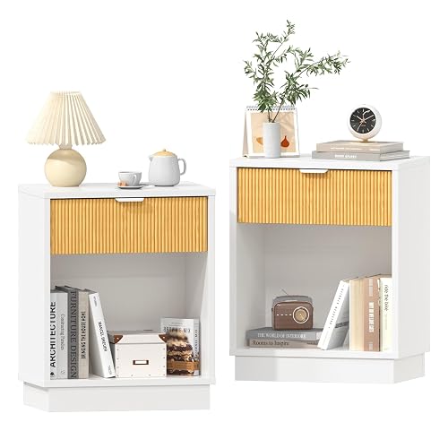 Fluted Night Stand Set 2, Large Wood Bedside Table Set