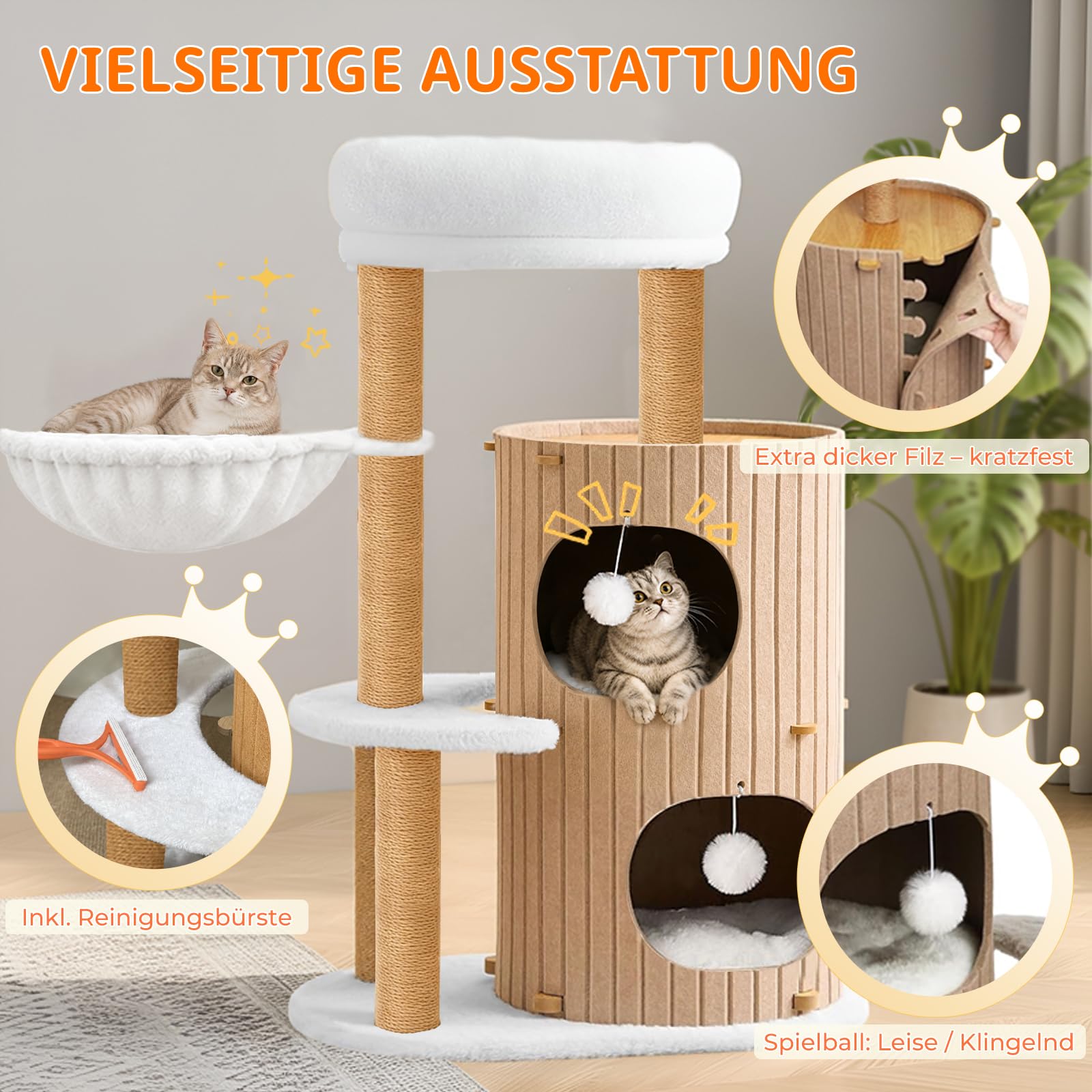 Premium kratzbaum mit 2er Kratztonne, Katzenbaum＆Große Plattformen | Sisalstämme, Kratzrampe, Katzenhaus, Plüschbälle und Katzenbürste für große Katzen