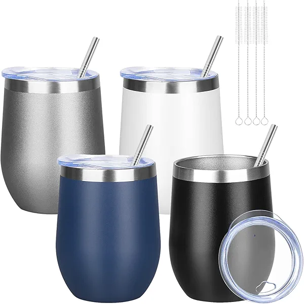 YEBTS Life 12oz/4 Pack Wine Tumbler Glasses with Lid Stemless Double Wall Vacuum Stainless Steel Travel Tumbler Keeping Cold & Hot for Wine,Coffee,Cocktails,Drinks-Family and Gifts (Multi color-dark)