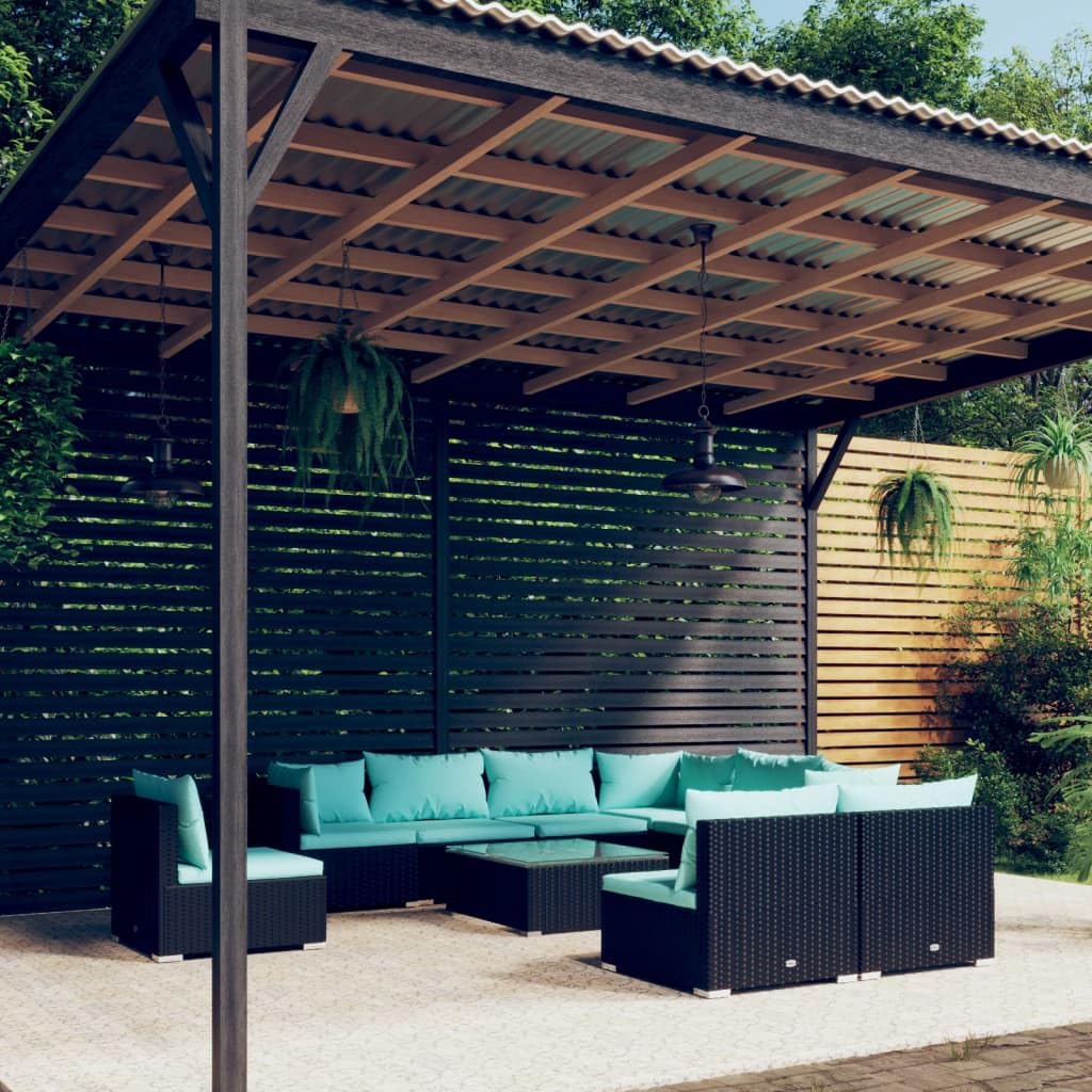 10-częściowy zestaw mebli ogrodowych, polirattan, czarny, poduszka w kolorze niebieskim, modułowe meble outdoorowe na taras, balkon, wytrzymała rama stalowa, stół 60 x 60 x 30 cm
