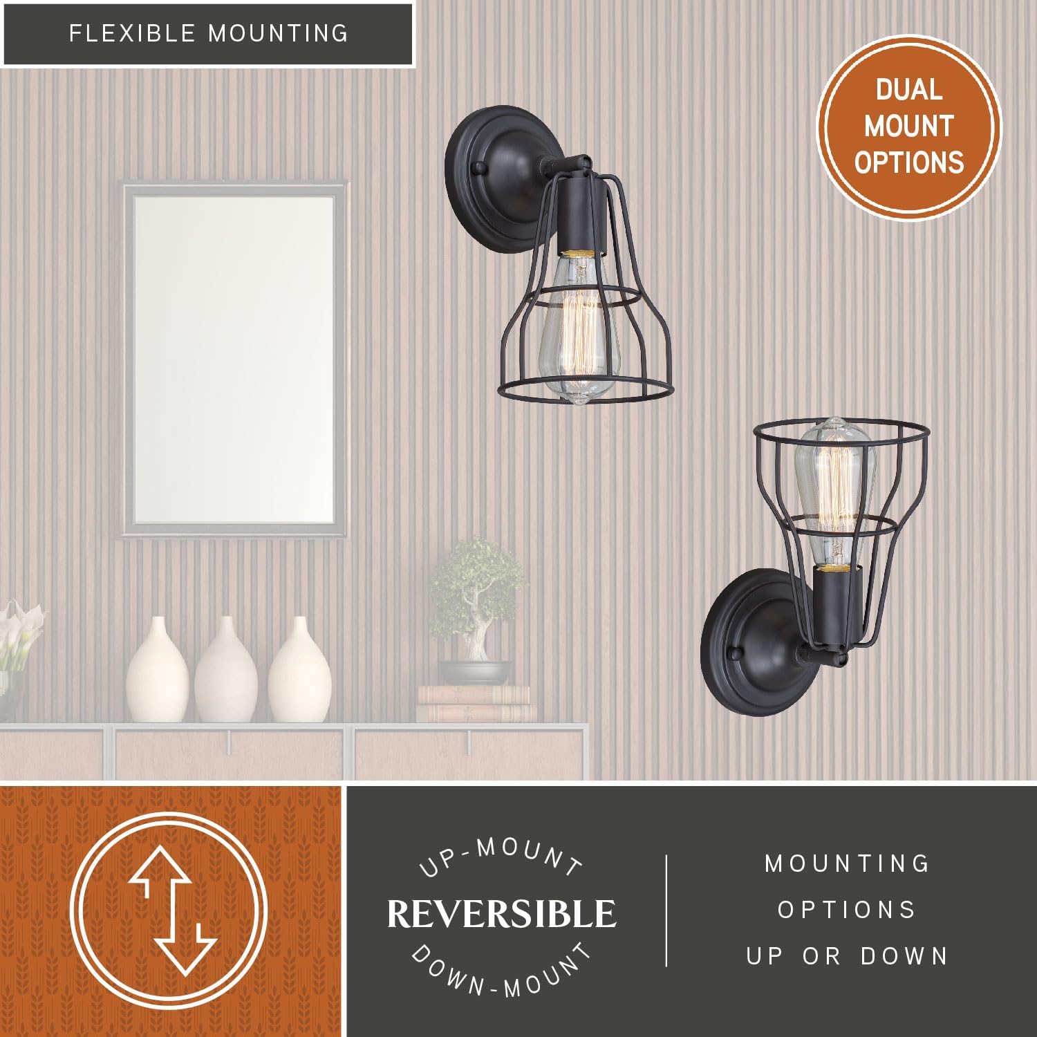 VAXCEL Clybourn 1-Light 5.38 inch Wide Oil Rubbed Bronze Industrial Bathroom Vanity Lighting Fixture, Adjustable Wire Cage Shade, Dimmable, LED Compatible, Reversible Wall Mounted Steel Sconce