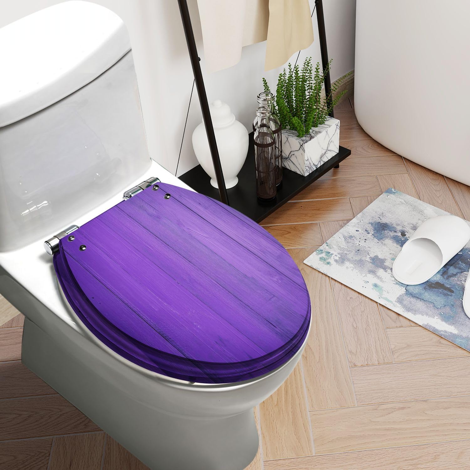 Round Toilet Seat Purple wood texture Resin Toilet Seat Quietly Slow Close with Quick-Release Hinges Toilet Seat with Cover Easy to Clean Install
