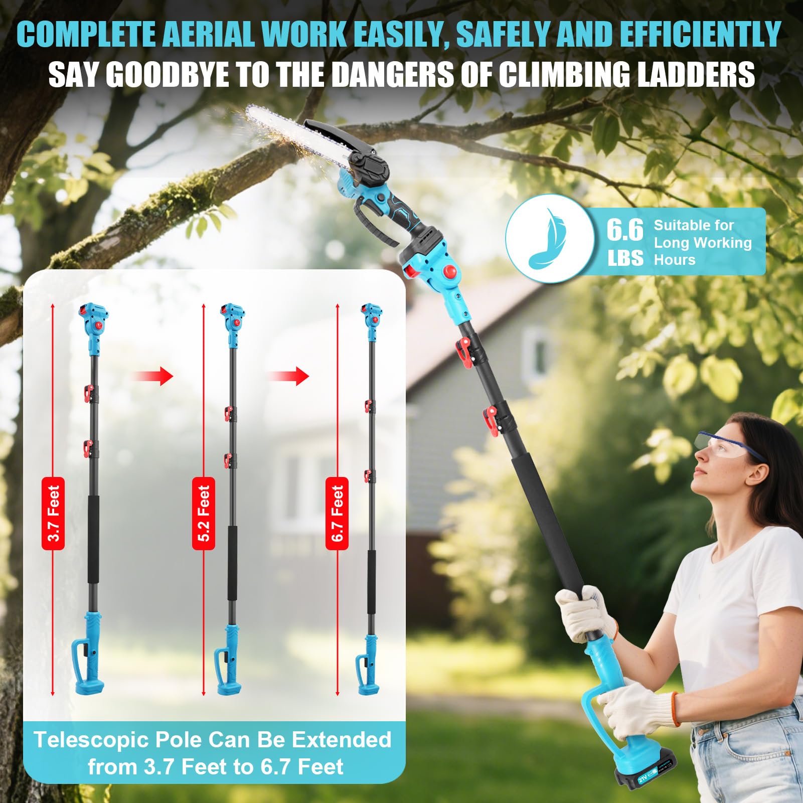 Élagueuse sans fil 21 V - 2 en 1 - Mini tronçonneuse et télescope avec panthème, batterie de 1500 mAh - Hauteur de travail jusqu'à 6,7 m - Tronçonneuse manuelle sans fil - Pour couper les arbres